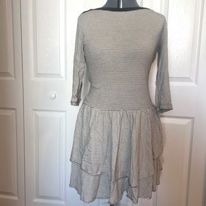 Lauren Ralph Lauren Ivory Black Stripes Boatneck Drop Waist Tiered Dress Size M